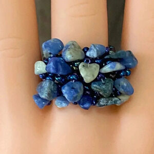 Sodalite Blue Handmade Seed Bead and Stone Chips Stretch Ring
